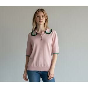 Essentiel Antwerp Pink Knit Polo Top Embellished Collar Metallic Blend XS